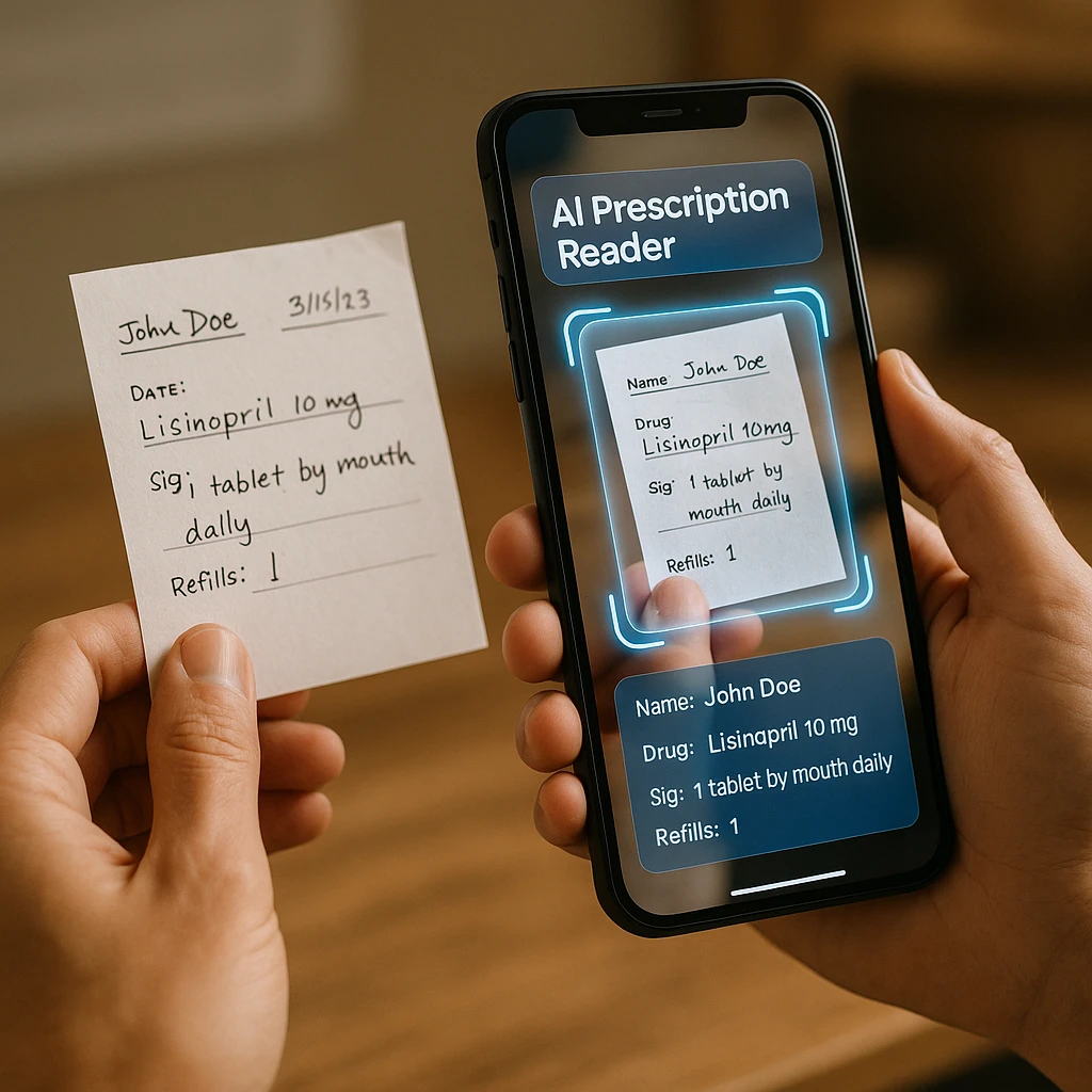 Doctor writing prescription with AI-powered tablet analyzing handwriting in real-time showing digital transcription overlay